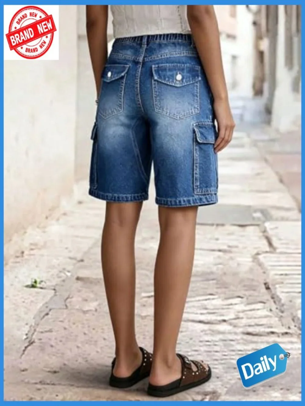 High Rise Cargo Bermuda Denim Shorts with Flap Pockets